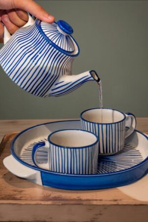 Hand-Painted Blue and White Ceramic Tea Pot Set with Tray – Traditional Blue Pottery Elegance
