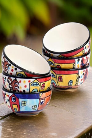 Hand-Painted Multicolor Ceramic Serving Bowls For Soup & Cereal Set of 6 (180ml) – Glossy Blue Pottery Serving Bowls