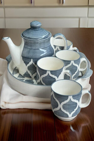 Hand-Painted Gray and White Moroccan Ceramic Tea Pot Set – Traditional Blue Pottery Design