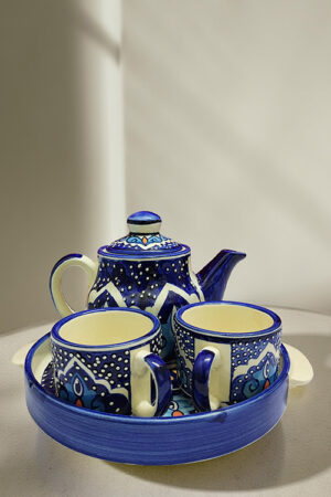 Handcrafted Blue Pottery Tea Set – Premium Ceramic Kettle, Cups & Tray