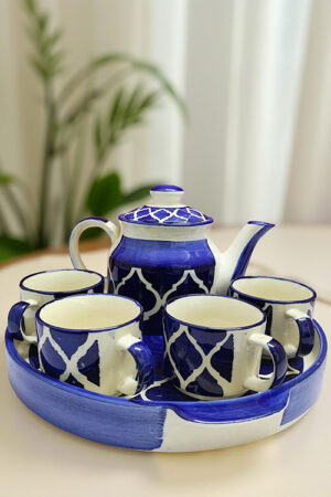 Handcrafted Blue & White Moroccan Ceramic Tea Pot Set – Elegant Blue Pottery