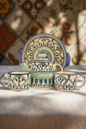 Handcrafted Blue Pottery Tea Set – Premium Ceramic Kettle, Cups & Tray