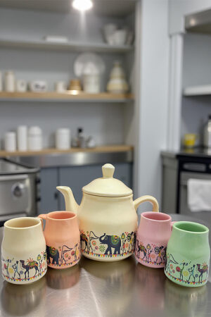 Handcrafted Multicolor Ceramic Blue Pottery Tea Set with Kettle & 6 Cups – Unique Blue Pottery Collection