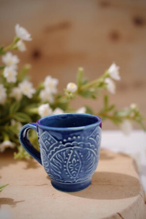 1 Pc Blue Intricate Ceramic Coffee Mug (250ml) – Hand-Painted Blue Pottery Design
