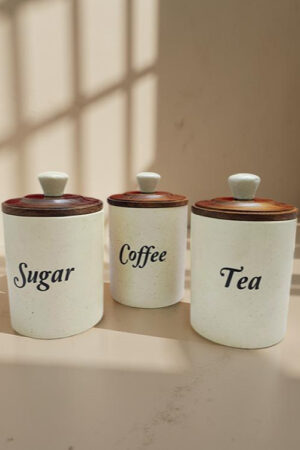 Handcrafted Ceramic Container Set For Tea, Coffee, and Sugar Containers Set of 3 with Wooden Lids