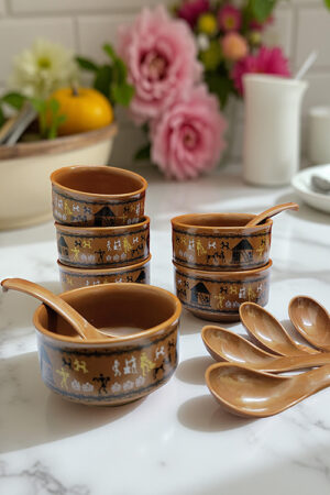 Handcrafted Brown Ceramic Serving Bowls With Spoon – Unique Blue Pottery Set of 6 with Intricate Tribal Art