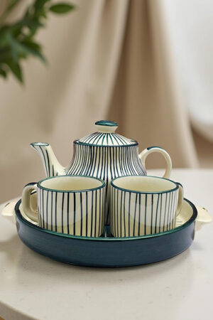 Hand-Painted Green and White Ceramic Tea Kettle Set with Tray – Artistic Blue Pottery Masterpiece