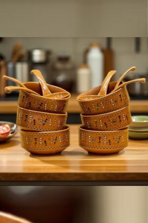Handcrafted Blue Pottery Soup Bowl Set – 6 Brown Ceramic Bowls with Matching Spoons