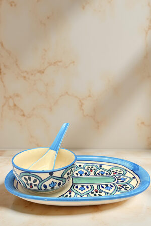 Blue Ceramic Soup Bowl with Tray & Spoon – 3 Pc Handmade Set