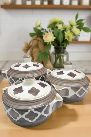 Blue Pottery Gray Hand-Painted Ceramic Serving Bowls with Lids – Set of 3 (1200 ml each)
