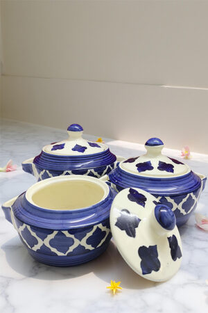 Blue Pottery Hand-Painted Blue Ceramic Serving Bowls with Lids – Set of 3 (1200 ml each) | Elegant Large Bowls for Dining & Storage