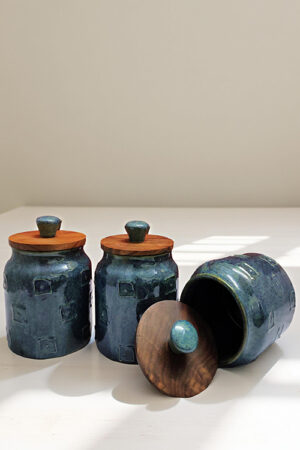 Handcrafted Dark Green Ceramic Grocery Container Set