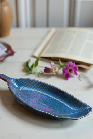 Blue Pottery Leaf-Shaped Ceramic Serving Platter – Blue Glossy Finish | Elegant Tableware for Snacks & Starters