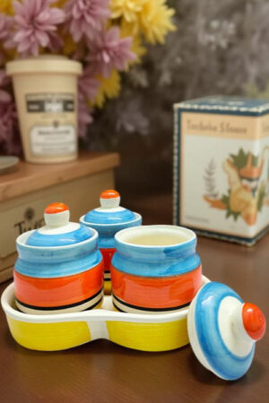 Blue Pottery Ceramic Pickle Jars with Tray – Pack of 3