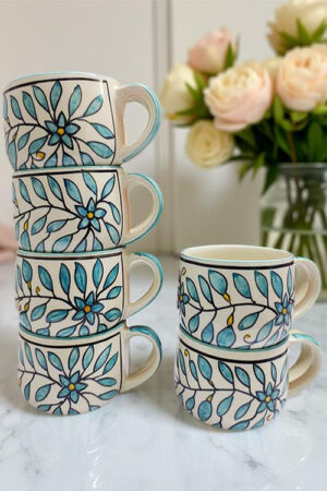 Blue Pottery Ceramic Coffee Mugs – Set of 6 | Hand-Painted Mug Pair for Tea & Coffee Lovers