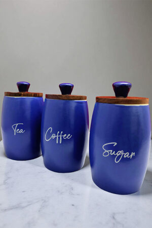 Blue Pottery Blue Handcrafted Ceramic Tea, Coffee & Sugar Container Set with Wooden Lids