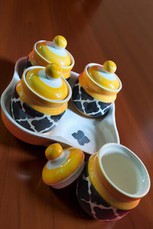 Blue Pottery Yellow & Black Ceramic Pickle Jar Set – 4 Jars with Tray