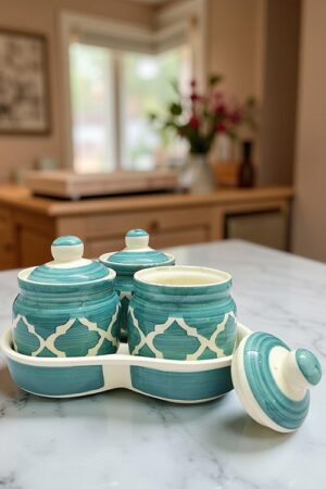 Ceramic Achaar Barni Set – 3 Jars with Lid & 1 Ceramic Tray (200 ML Each)