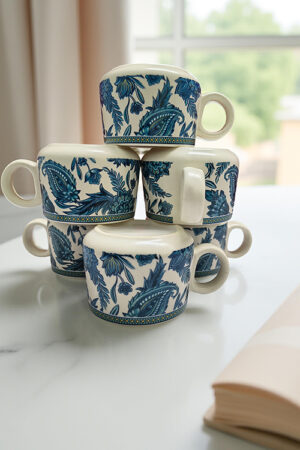 Blue Floral Paisley Ceramic Tea Cup Set