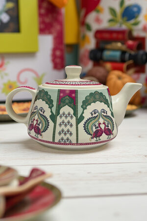 Royal Peacock Arch Motif Ceramic Teapot with cups