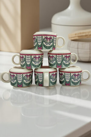 Royal Peacock Arch Motif Ceramic Cups – Set of 6