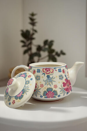 Vintage Floral Ceramic Teapot and Cup Set – 6-Piece Tea Set with Multicolor Design