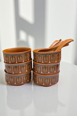 Vintage Ornate Brown Soup Bowl & Spoon Set (6 pcs)