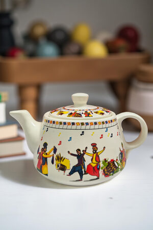 Handcrafted Celebration-Themed Ceramic Teapot with cups